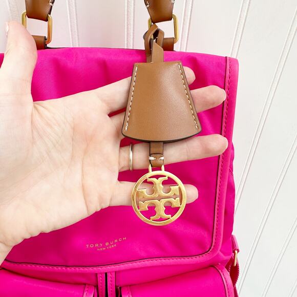 Tory Burch Perry Nylon Flap Backpack Bright Pink Fuchsia Leather Trim Bag - Picture 5 of 16